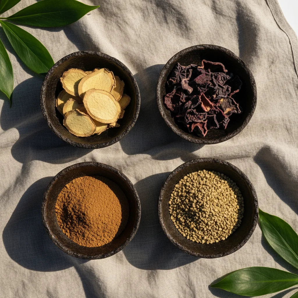 Four ceramic bowls containing ginger root slices, garcinia cambogia, guaraná powder and green coffee extract - botanical ingredients in Wellaray Coffee