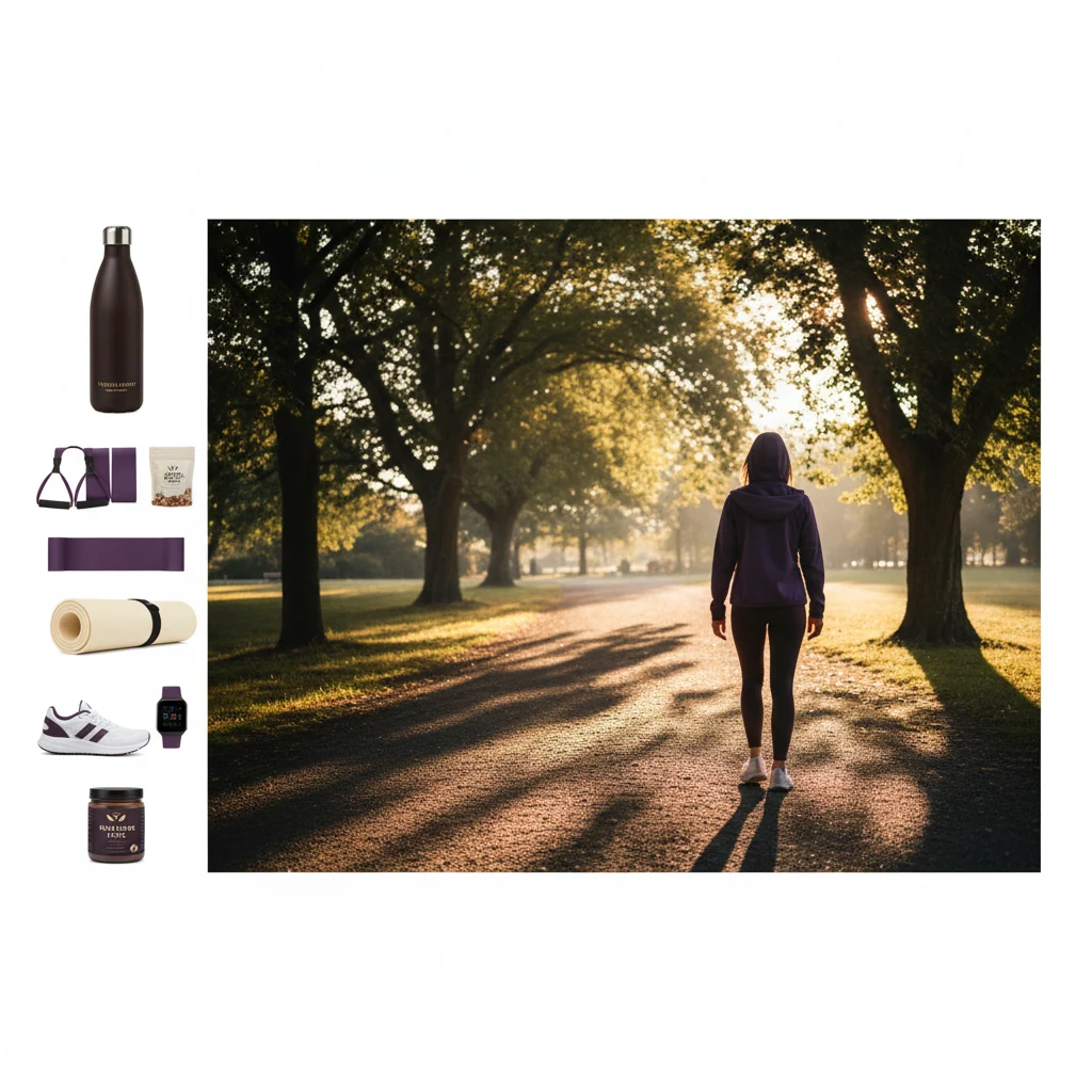 Anonymous person walking along a sunlit park path as part of an active morning lifestyle routine