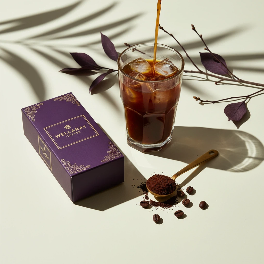 Wellaray Coffee product box alongside a glass of iced coffee and coffee beans - lifestyle flat-lay